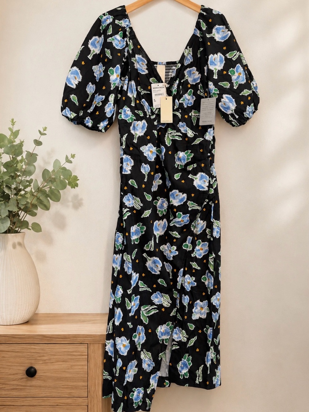 MELLODAY Black Midi Dress with Blue Floral Print